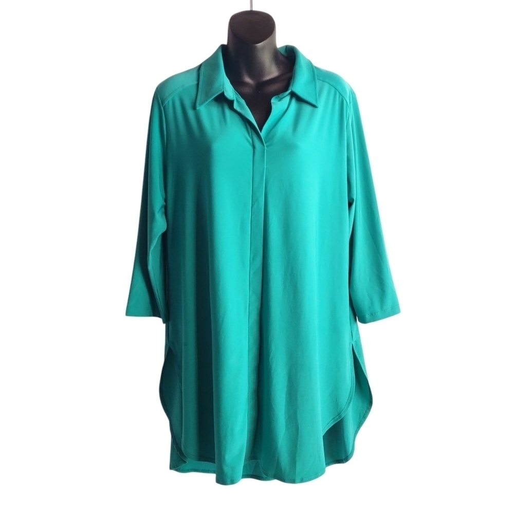 Women with Control Teal Button Up Shirt Tunic Top Blouse Longsleeve Sz L P